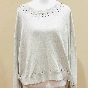 MINNIE ROSE GREY STUDDED & FRAYED HEM COTTON SWEATER MEDIUM